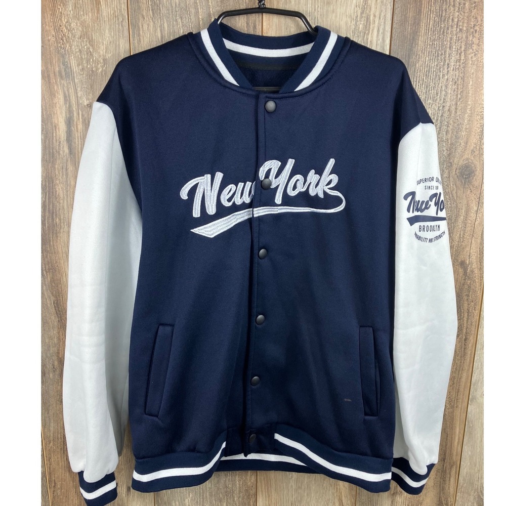 Romwe Mens New York Brooklyn Varsity Jacket Navy Blue White Size L US 40